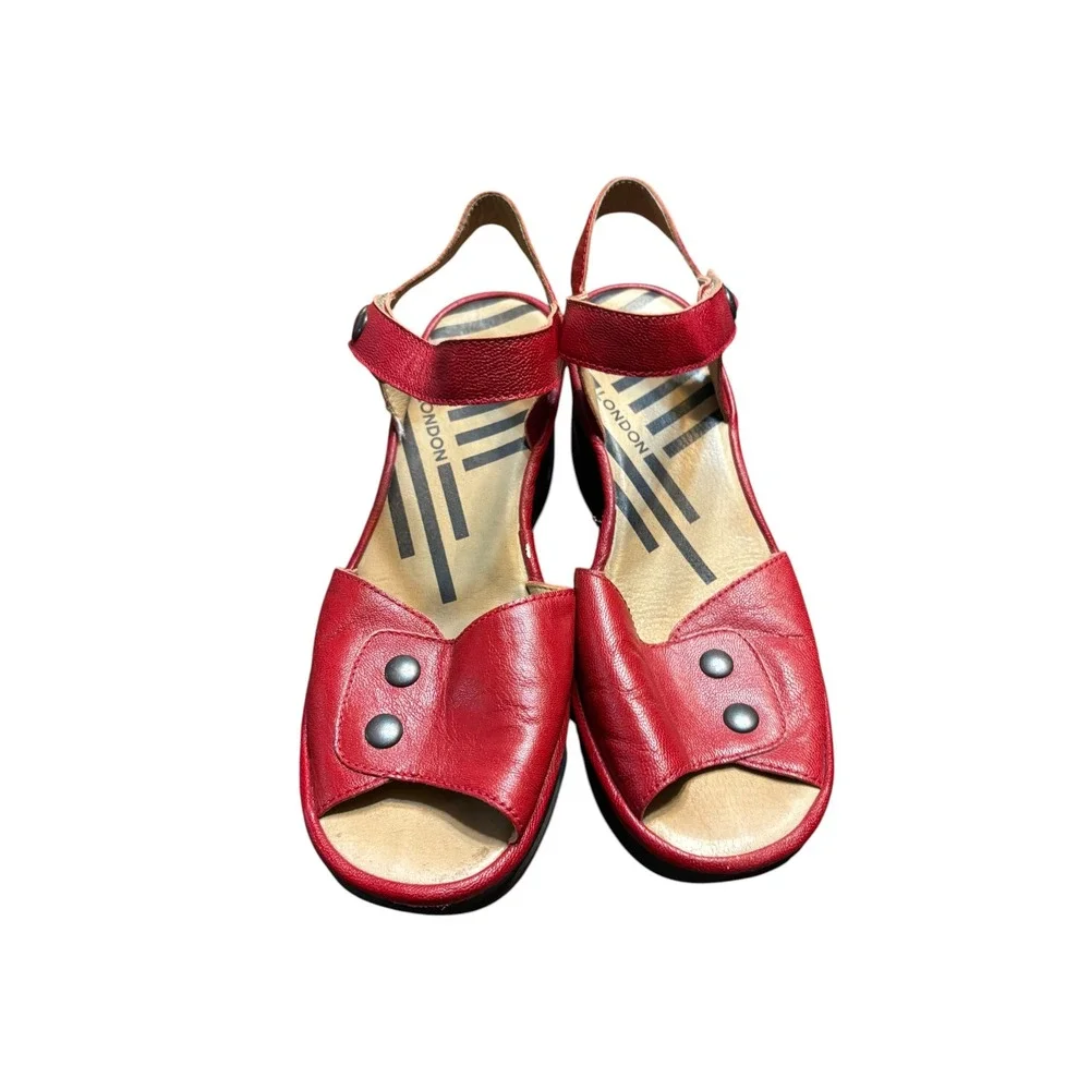 Fly London Red Leather Wedge Sandals Peep Toe Platform Ankle Strap Size 40